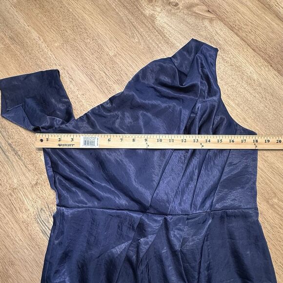 Navy Draped Dress One-Shoulder Satin Sz 10 Slit Evening Cocktail Blue Long ASOS - Picture 13 of 16